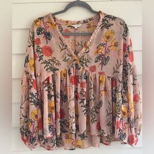 Lucky Brand Floral Bohemian Puff Sleeve Top Size Medium